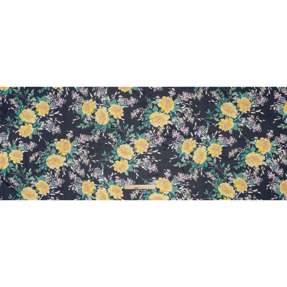 Polyester Chiffon Print - Navy Blue, Yellow and Green Rose Bouquets - Designer Deadstock Polyester Chiffon Print - Navy Blue, Yellow and Green Rose Bouquets - Designer Deadstock