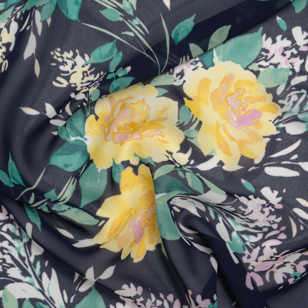 Polyester Chiffon Print - Navy Blue, Yellow and Green Rose Bouquets - Designer Deadstock Polyester Chiffon Print - Navy Blue, Yellow and Green Rose Bouquets - Designer Deadstock