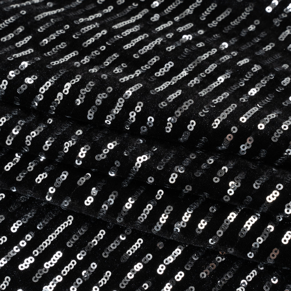 Polyester Velour with Sequins - Black and Silver Broken Stripes - Designer Deadstock Folded Polyester Velour with Sequins - Black and Silver Broken Stripes - Designer Deadstock Folded