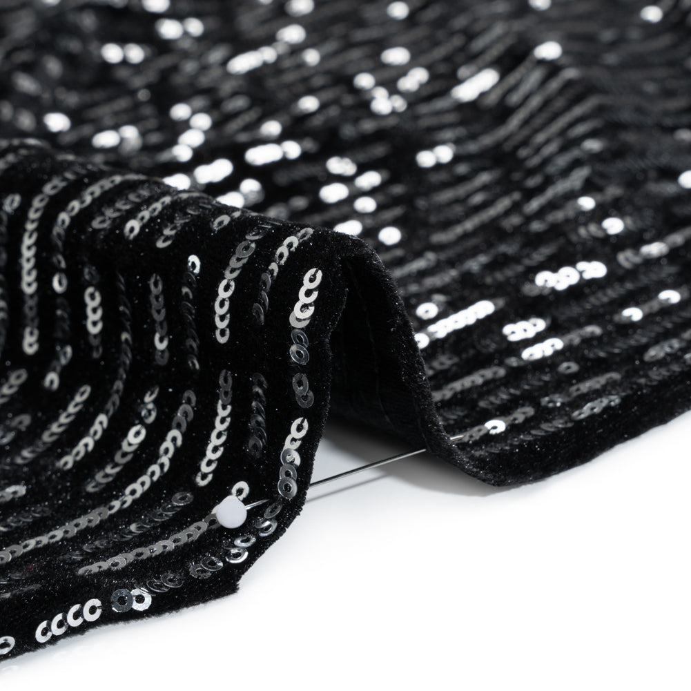 Polyester Velour with Sequins - Black and Silver Broken Stripes - Designer Deadstock Detail Polyester Velour with Sequins - Black and Silver Broken Stripes - Designer Deadstock Detail