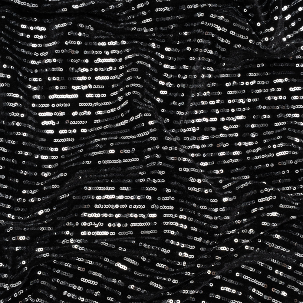 Polyester Velour with Sequins - Black and Silver Broken Stripes - Designer Deadstock Polyester Velour with Sequins - Black and Silver Broken Stripes - Designer Deadstock