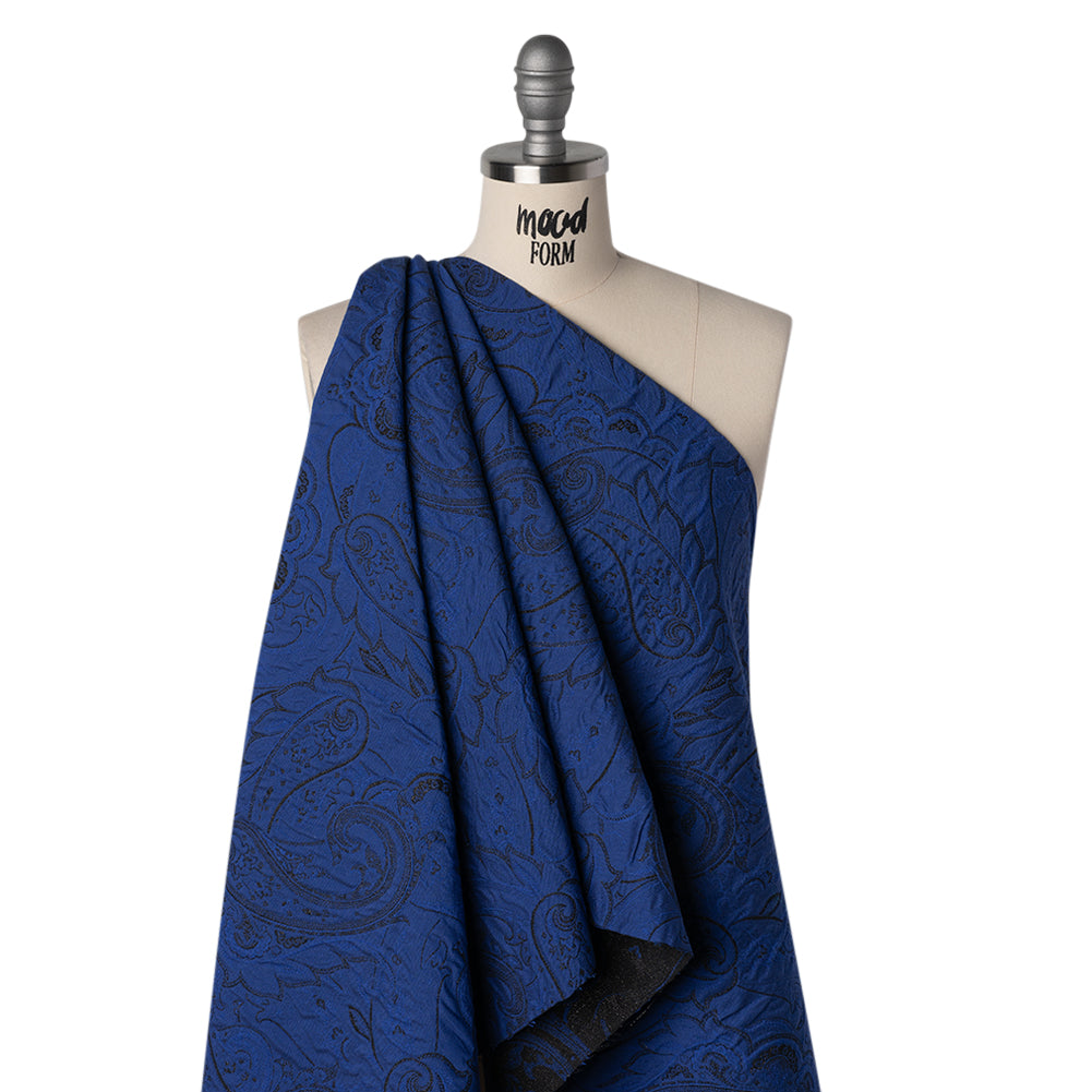 Metallic Cotton and Polyester Brocade - Dark Blue and Black Paisley - Designer Deadstock Metallic Cotton and Polyester Brocade - Dark Blue and Black Paisley - Designer Deadstock