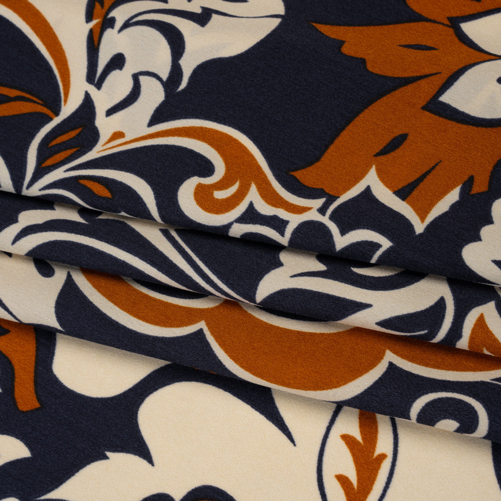 Polyester Crepe de Chine - Navy, Burnt Orange and Cream Beige Floral - Designer Deadstock Polyester Crepe de Chine - Navy, Burnt Orange and Cream Beige Floral - Designer Deadstock