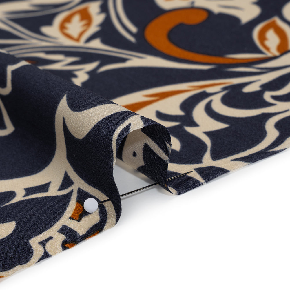 Polyester Crepe de Chine - Navy, Burnt Orange and Cream Beige Floral - Designer Deadstock Polyester Crepe de Chine - Navy, Burnt Orange and Cream Beige Floral - Designer Deadstock