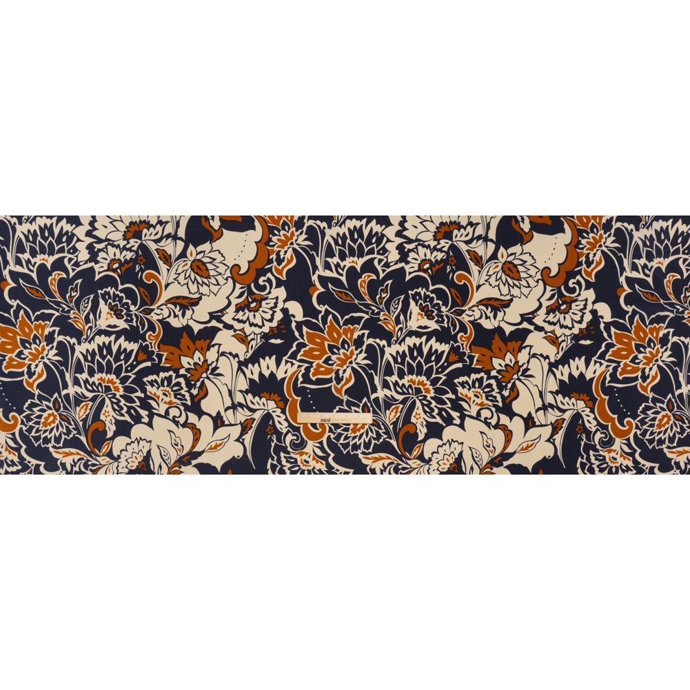 Polyester Crepe de Chine - Navy, Burnt Orange and Cream Beige Floral - Designer Deadstock Polyester Crepe de Chine - Navy, Burnt Orange and Cream Beige Floral - Designer Deadstock