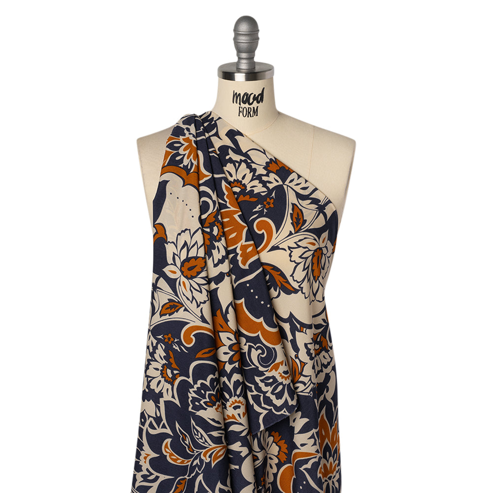 Polyester Crepe de Chine - Navy, Burnt Orange and Cream Beige Floral - Designer Deadstock Polyester Crepe de Chine - Navy, Burnt Orange and Cream Beige Floral - Designer Deadstock