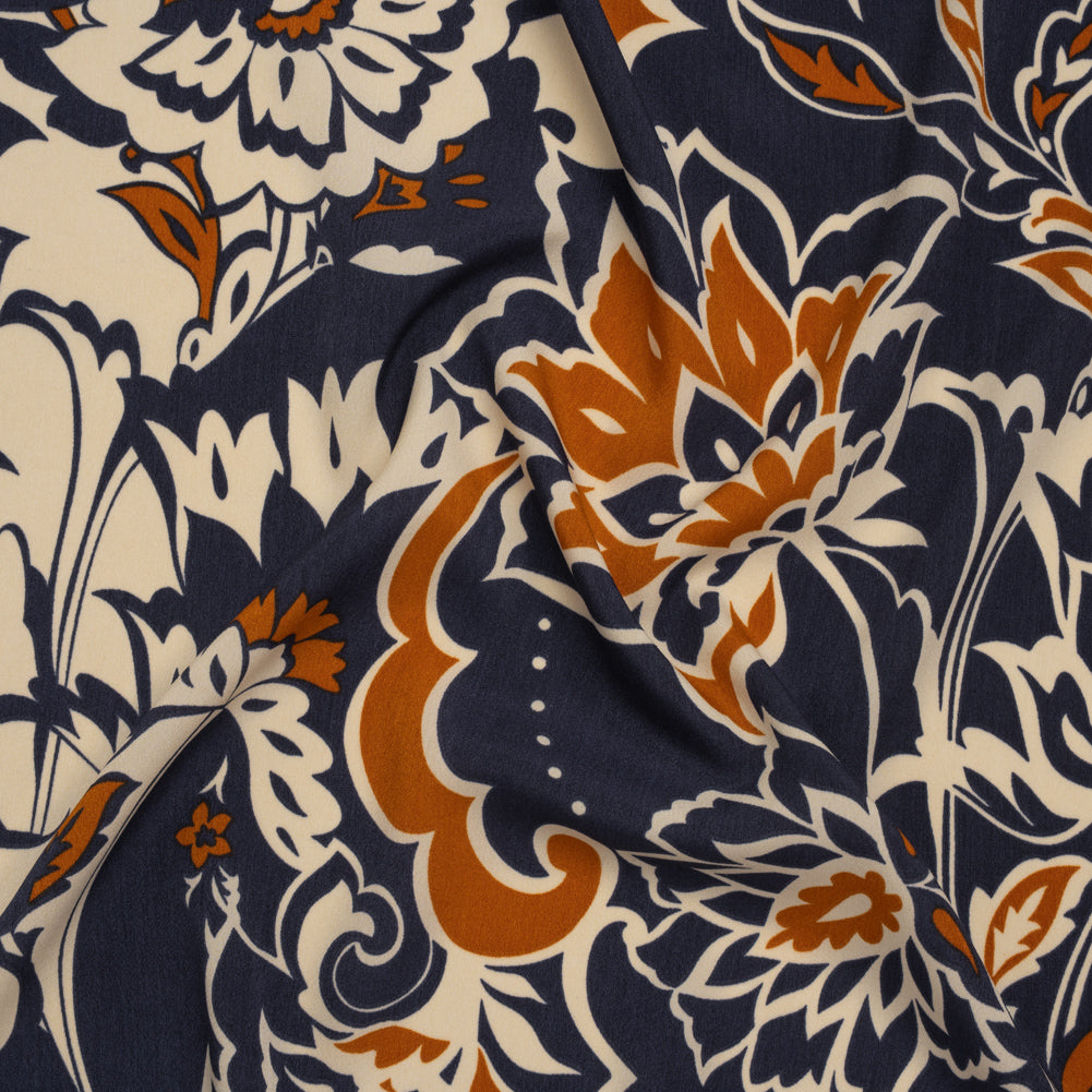 Polyester Crepe de Chine - Navy, Burnt Orange and Cream Beige Floral - Designer Deadstock Polyester Crepe de Chine - Navy, Burnt Orange and Cream Beige Floral - Designer Deadstock
