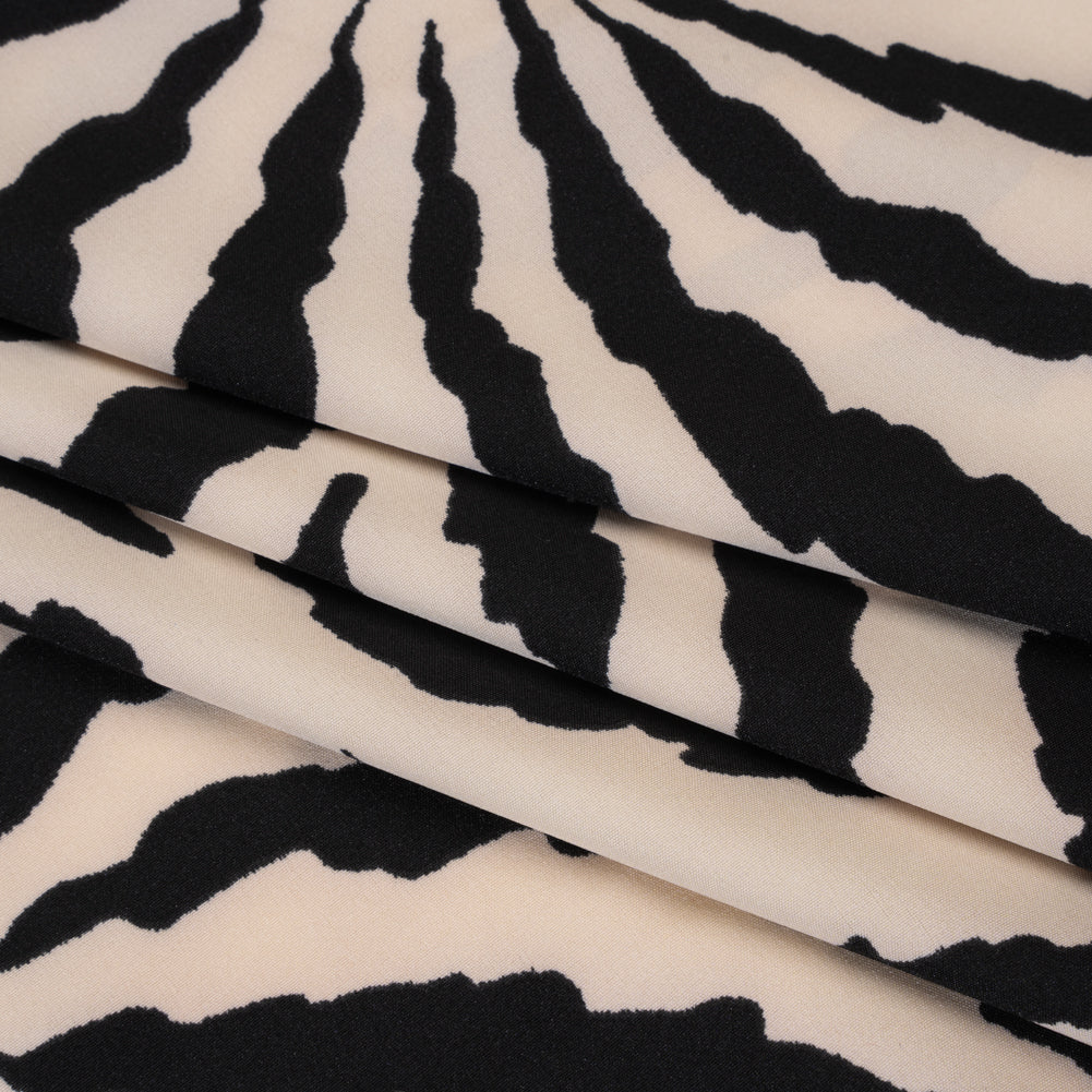 Stretch Polyester Crepe de Chine Print - Bone and Black Abstract Stripe Bursts - Designer Deadstock Stretch Polyester Crepe de Chine Print - Bone and Black Abstract Stripe Bursts - Designer Deadstock