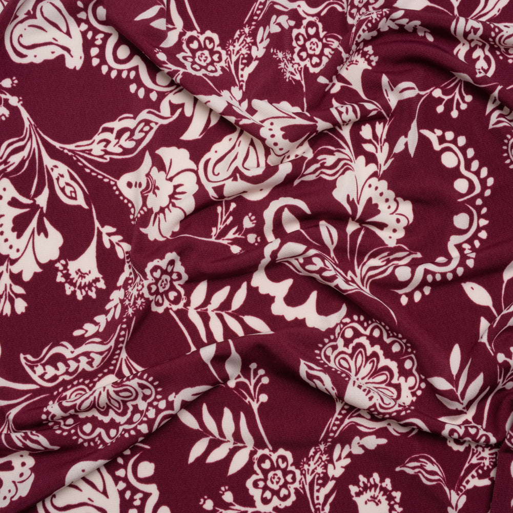 Stretch Polyester Tricot Print - Raspberry and Cream Jacobean Florals - Designer Deadstock Stretch Polyester Tricot Print - Raspberry and Cream Jacobean Florals - Designer Deadstock