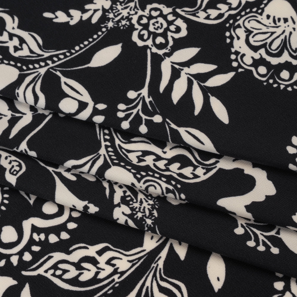Stretch Polyester Tricot Print - Black and Cream Jacobean Florals - Designer Deadstock Stretch Polyester Tricot Print - Black and Cream Jacobean Florals - Designer Deadstock