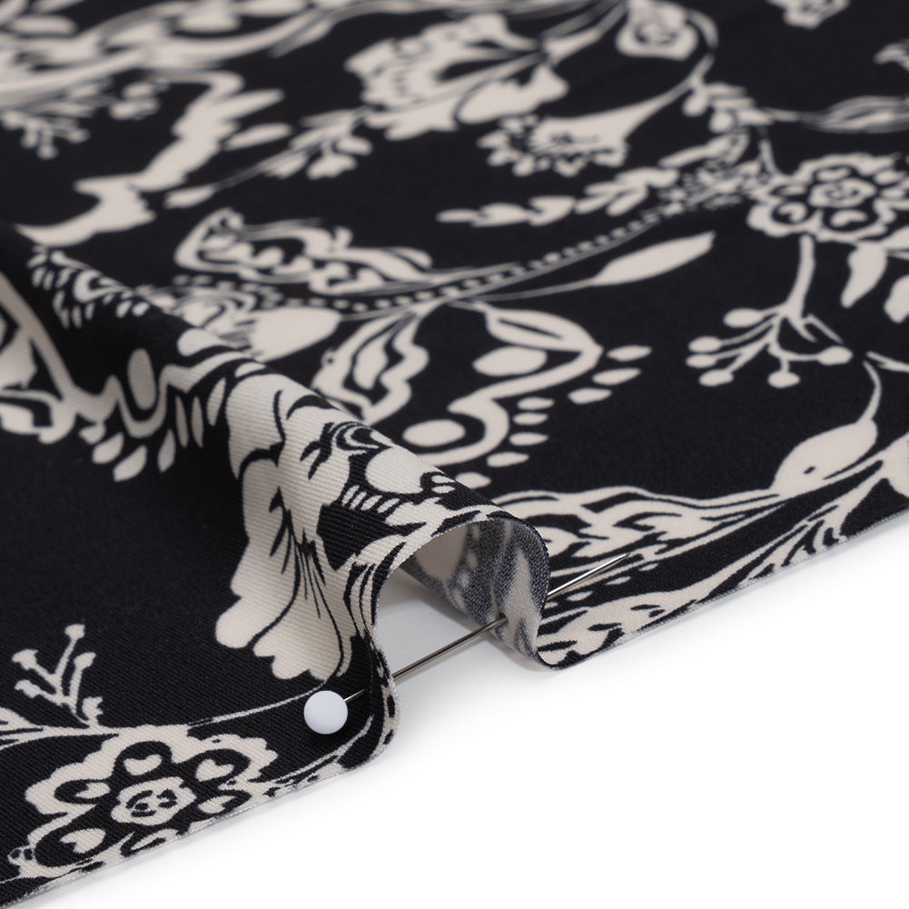 Stretch Polyester Tricot Print - Black and Cream Jacobean Florals - Designer Deadstock Stretch Polyester Tricot Print - Black and Cream Jacobean Florals - Designer Deadstock