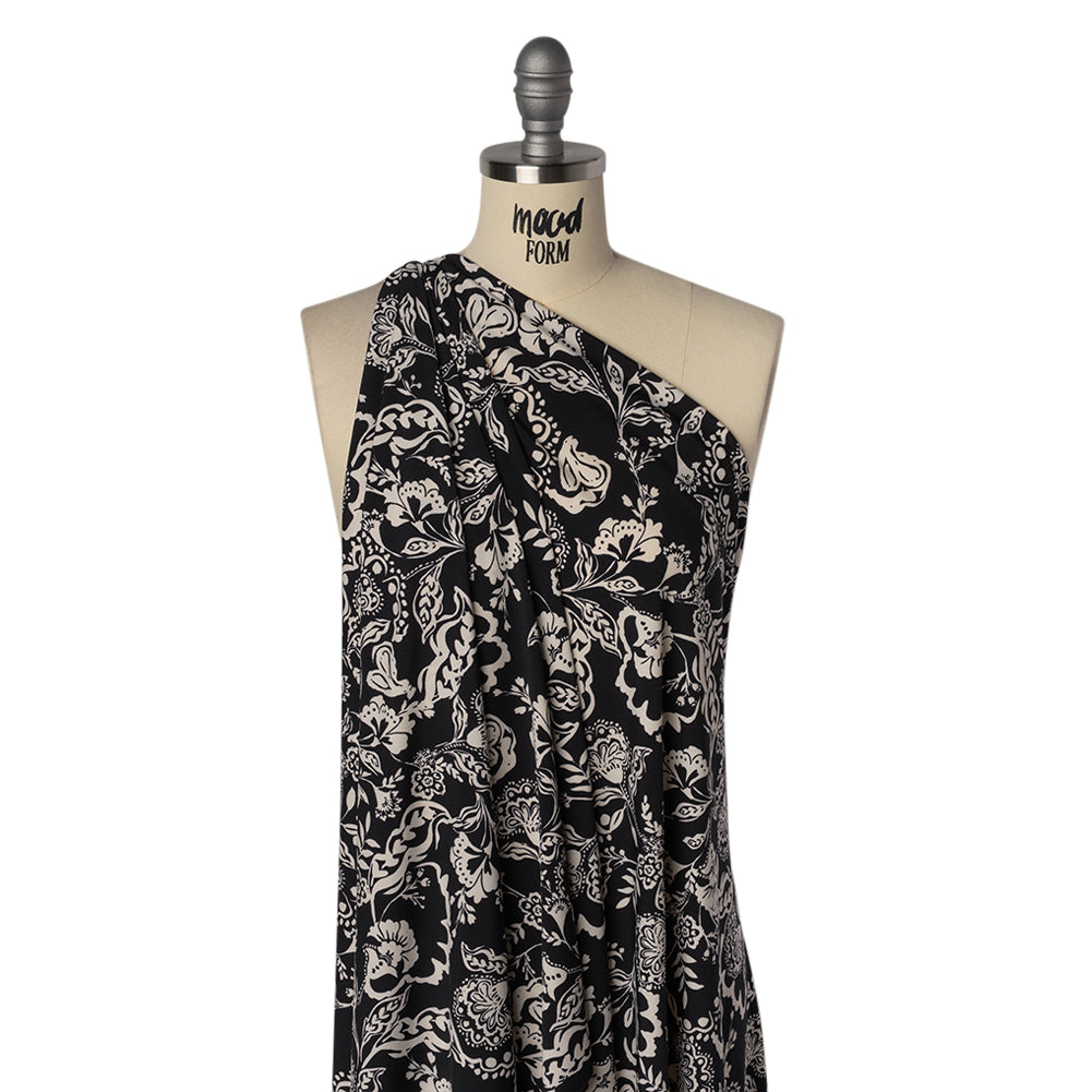 Stretch Polyester Tricot Print - Black and Cream Jacobean Florals - Designer Deadstock Stretch Polyester Tricot Print - Black and Cream Jacobean Florals - Designer Deadstock