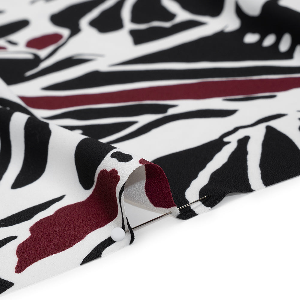 Polyester Double Georgette Print - White, Black and Burgundy Abstract Stripes - Designer Deadstock Polyester Double Georgette Print - White, Black and Burgundy Abstract Stripes - Designer Deadstock