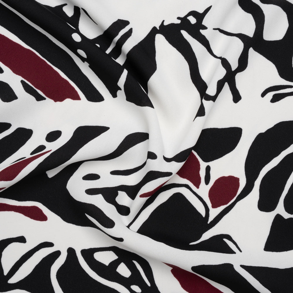 Polyester Double Georgette Print - White, Black and Burgundy Abstract Stripes - Designer Deadstock Polyester Double Georgette Print - White, Black and Burgundy Abstract Stripes - Designer Deadstock