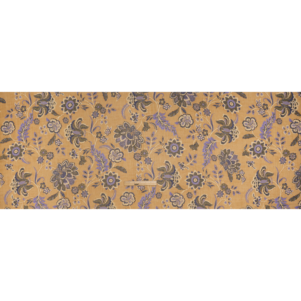 Crinkled Polyester Chiffon Print - Gilded Beige, Lavender and Dark Blue Jacobean Floral - Designer Deadstock Crinkled Polyester Chiffon Print - Gilded Beige, Lavender and Dark Blue Jacobean Floral - Designer Deadstock