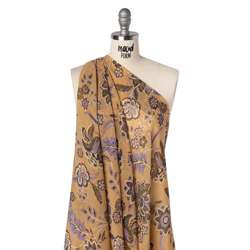 Crinkled Polyester Chiffon Print - Gilded Beige, Lavender and Dark Blue Jacobean Floral - Designer Deadstock Crinkled Polyester Chiffon Print - Gilded Beige, Lavender and Dark Blue Jacobean Floral - Designer Deadstock