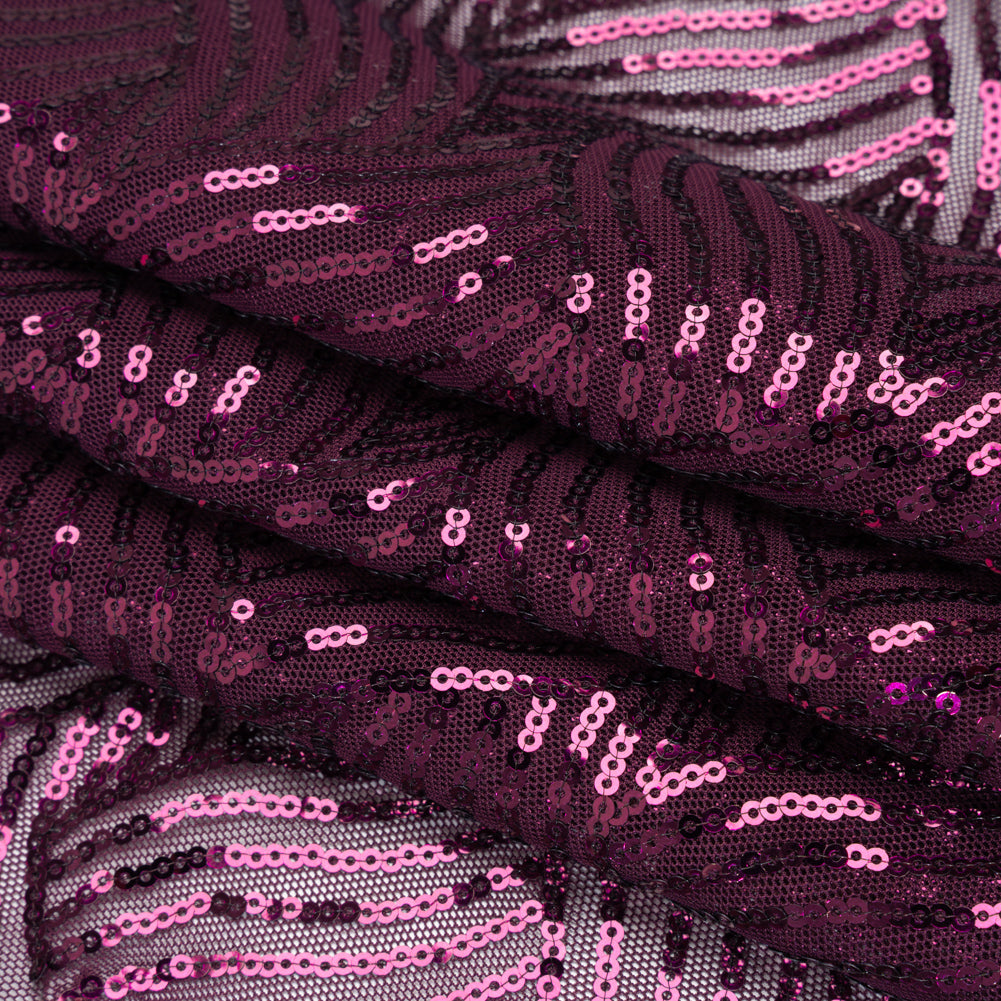 Stretch Polyester Mesh with Sequins - Plum Purple Wavey Weave - Designer Deadstock Stretch Polyester Mesh with Sequins - Plum Purple Wavey Weave - Designer Deadstock