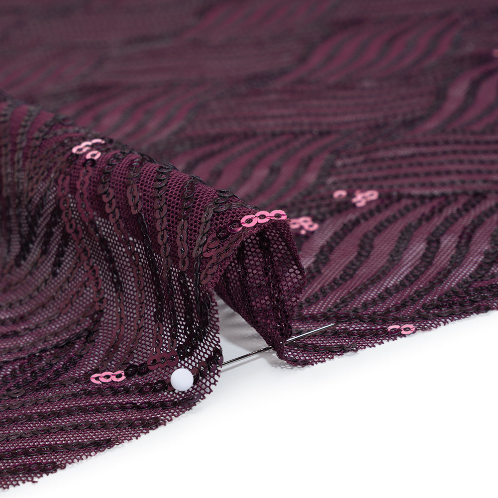 Stretch Polyester Mesh with Sequins - Plum Purple Wavey Weave - Designer Deadstock Stretch Polyester Mesh with Sequins - Plum Purple Wavey Weave - Designer Deadstock