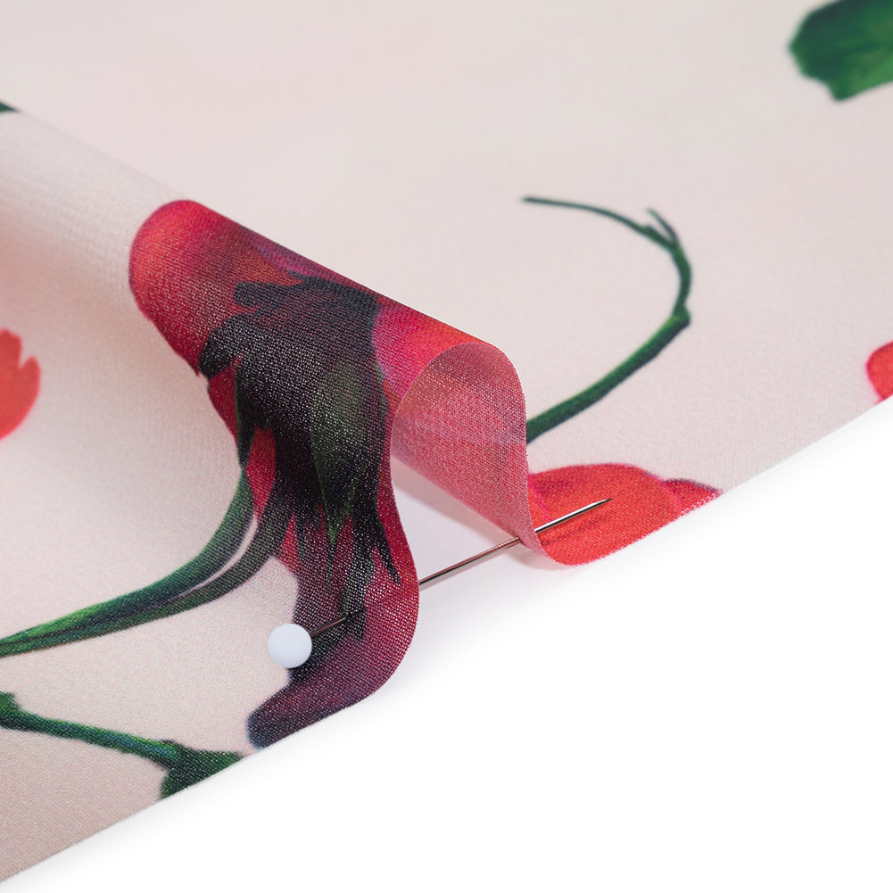 Polyester Chiffon Print - Cream Pink and Red Roses - Designer Deadstock Detail Polyester Chiffon Print - Cream Pink and Red Roses - Designer Deadstock Detail