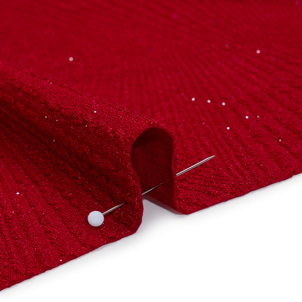 Textured Jacquard Double Knit with Glitter - Silver and Red Diamonds and Rays - Designer Deadstock Textured Jacquard Double Knit with Glitter - Silver and Red Diamonds and Rays - Designer Deadstock