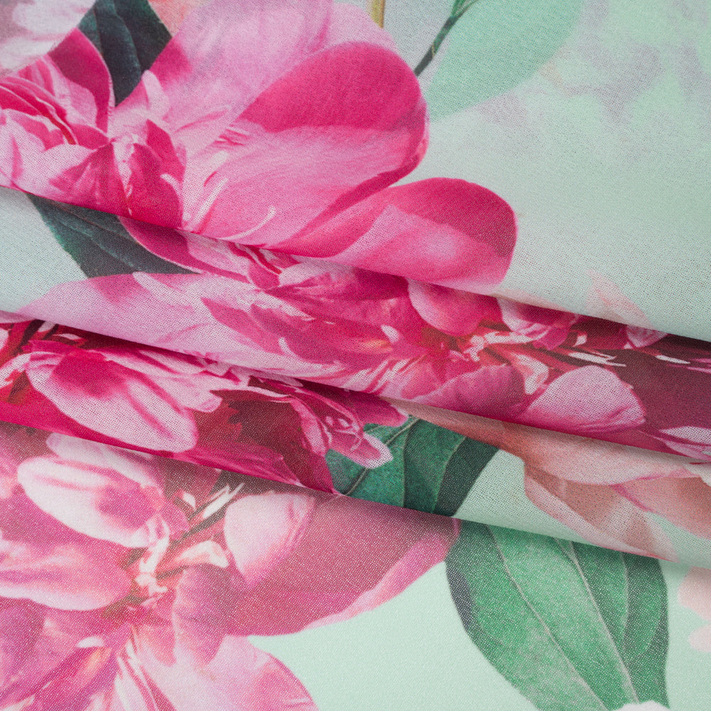 Polyester Chiffon Print - Seafoam, Magenta and Green Roses - Designer Deadstock Polyester Chiffon Print - Seafoam, Magenta and Green Roses - Designer Deadstock