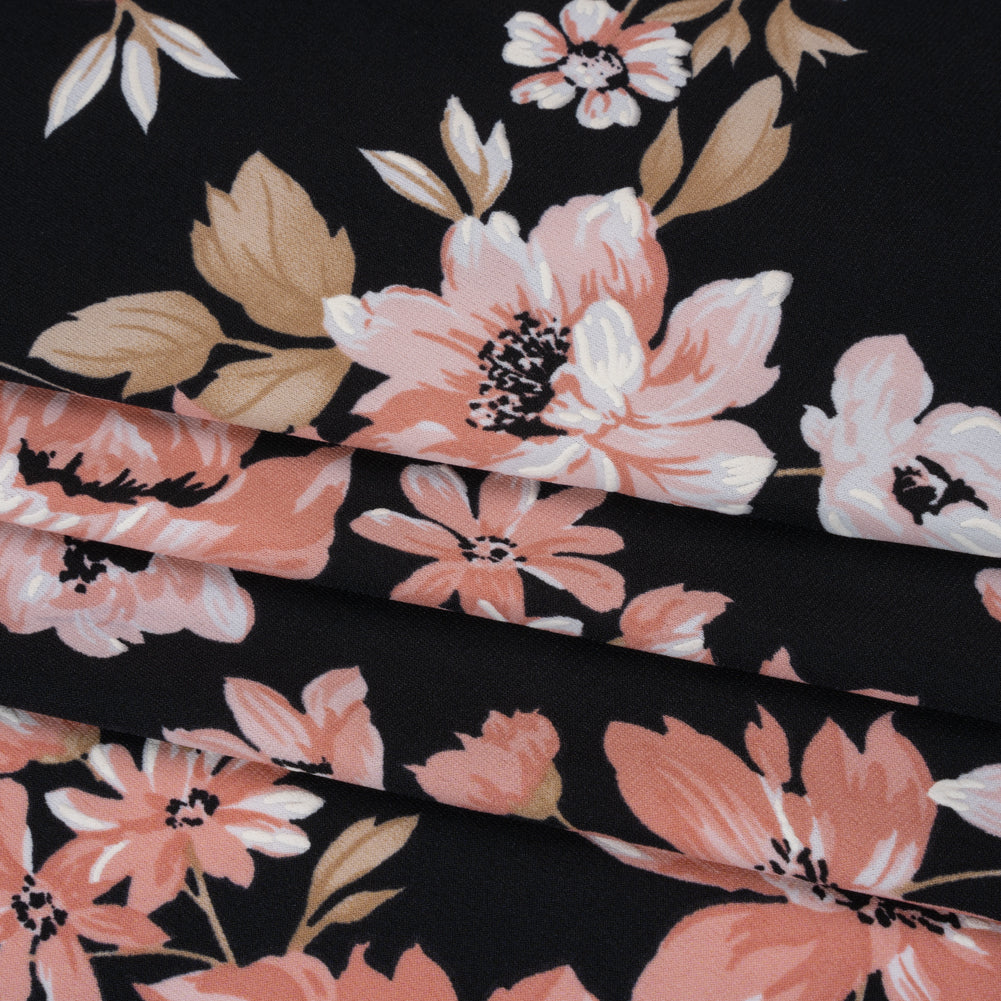 Stretch Polyester Jersey with Puff Print - Black, Pink and Beige Floral - Designer Deadstock Stretch Polyester Jersey with Puff Print - Black, Pink and Beige Floral - Designer Deadstock