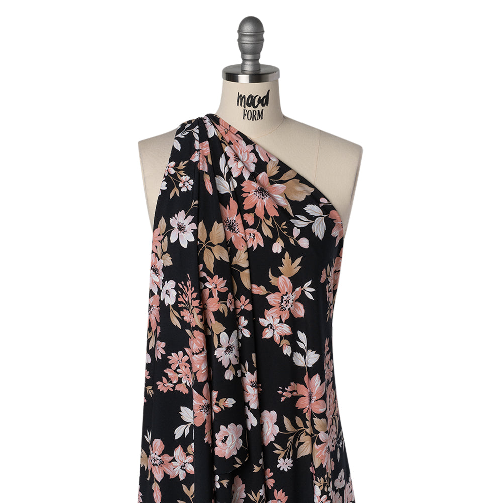 Stretch Polyester Jersey with Puff Print - Black, Pink and Beige Floral - Designer Deadstock Stretch Polyester Jersey with Puff Print - Black, Pink and Beige Floral - Designer Deadstock