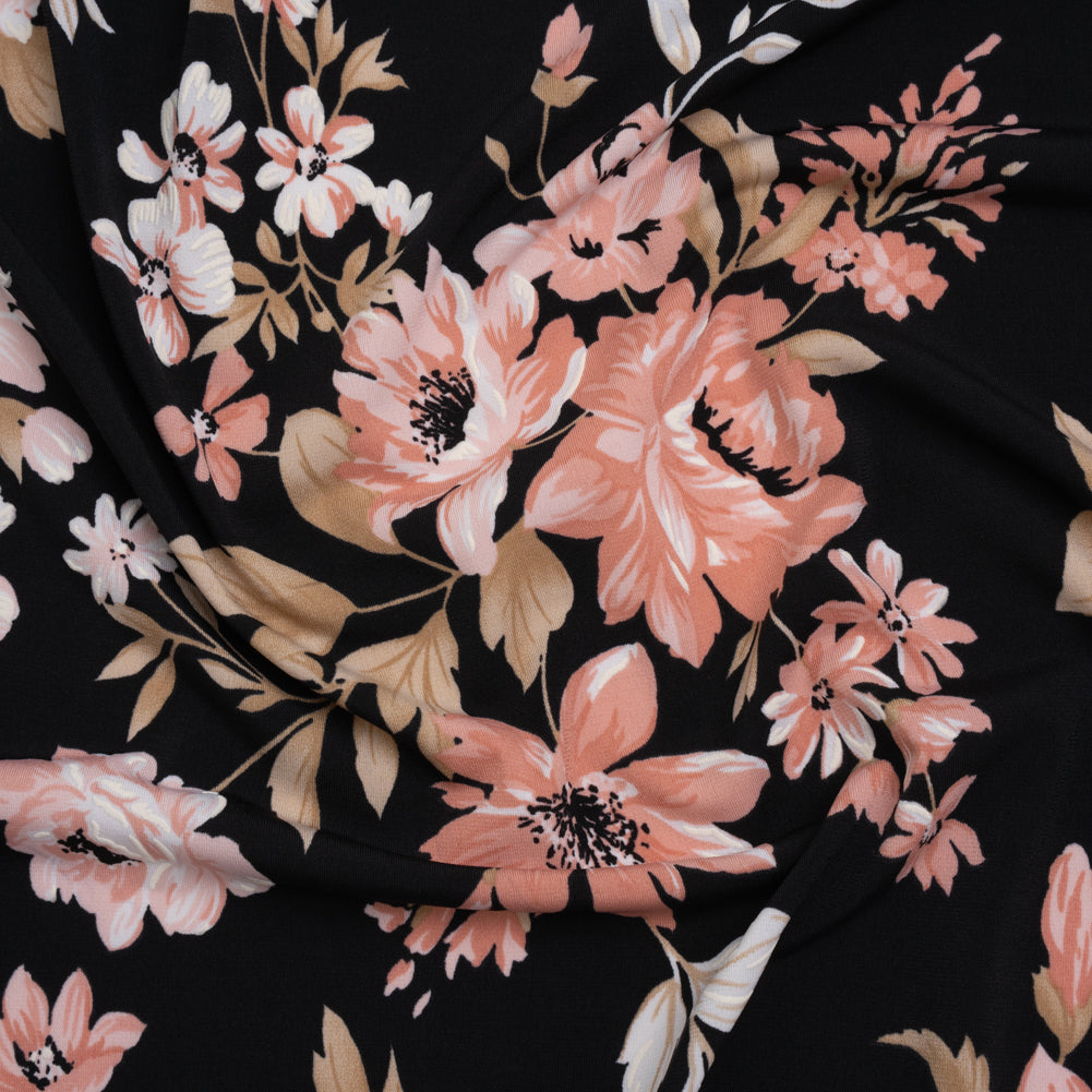 Stretch Polyester Jersey with Puff Print - Black, Pink and Beige Floral - Designer Deadstock Stretch Polyester Jersey with Puff Print - Black, Pink and Beige Floral - Designer Deadstock