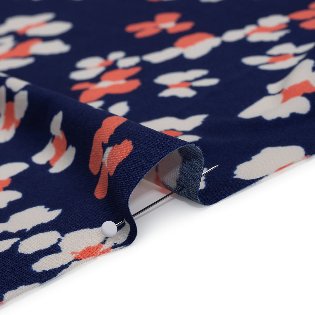 Stretch Polyester Tricot Print - Bright Navy, Hot Coral and Cream Flower Spots - Designer Deadstock Stretch Polyester Tricot Print - Bright Navy, Hot Coral and Cream Flower Spots - Designer Deadstock