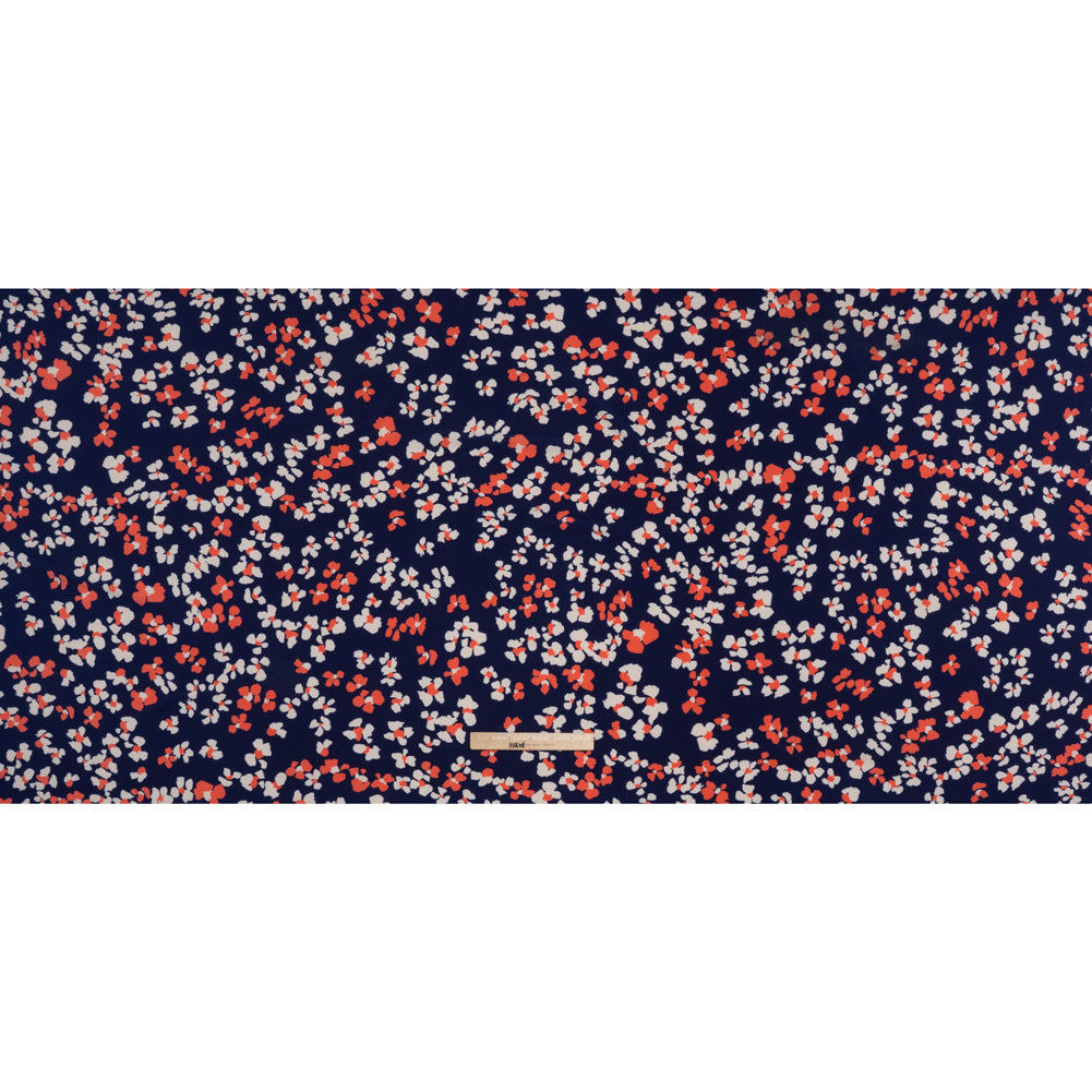 Stretch Polyester Tricot Print - Bright Navy, Hot Coral and Cream Flower Spots - Designer Deadstock Stretch Polyester Tricot Print - Bright Navy, Hot Coral and Cream Flower Spots - Designer Deadstock