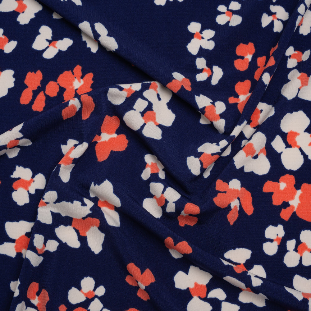 Stretch Polyester Tricot Print - Bright Navy, Hot Coral and Cream Flower Spots - Designer Deadstock Stretch Polyester Tricot Print - Bright Navy, Hot Coral and Cream Flower Spots - Designer Deadstock