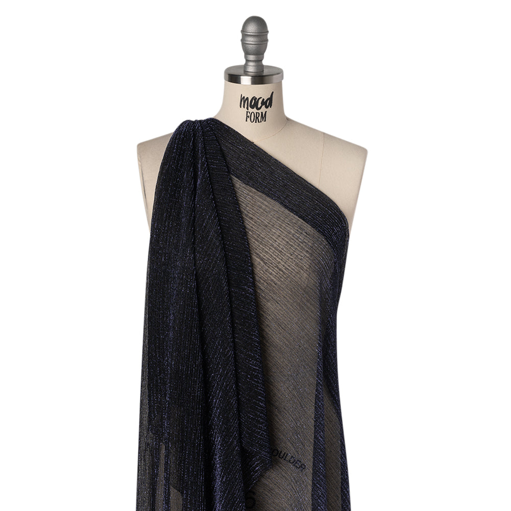 Metallic Sheer Polyester Knit Plisse - Navy Blue and Black - Designer Deadstock Metallic Sheer Polyester Knit Plisse - Navy Blue and Black - Designer Deadstock