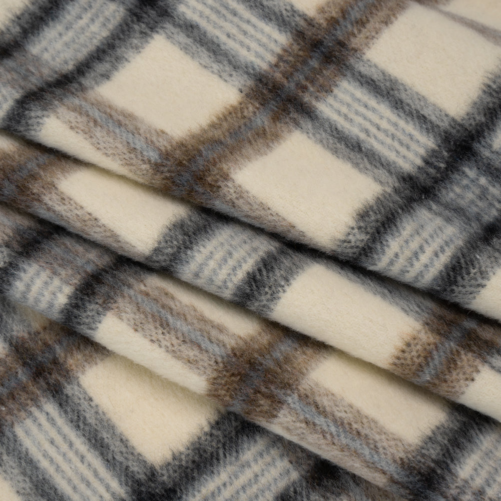 Brushed Wool Blend Twill Tweed - Black, Brown and Cream Beige Plaid Brushed Wool Blend Twill Tweed - Black, Brown and Cream Beige Plaid