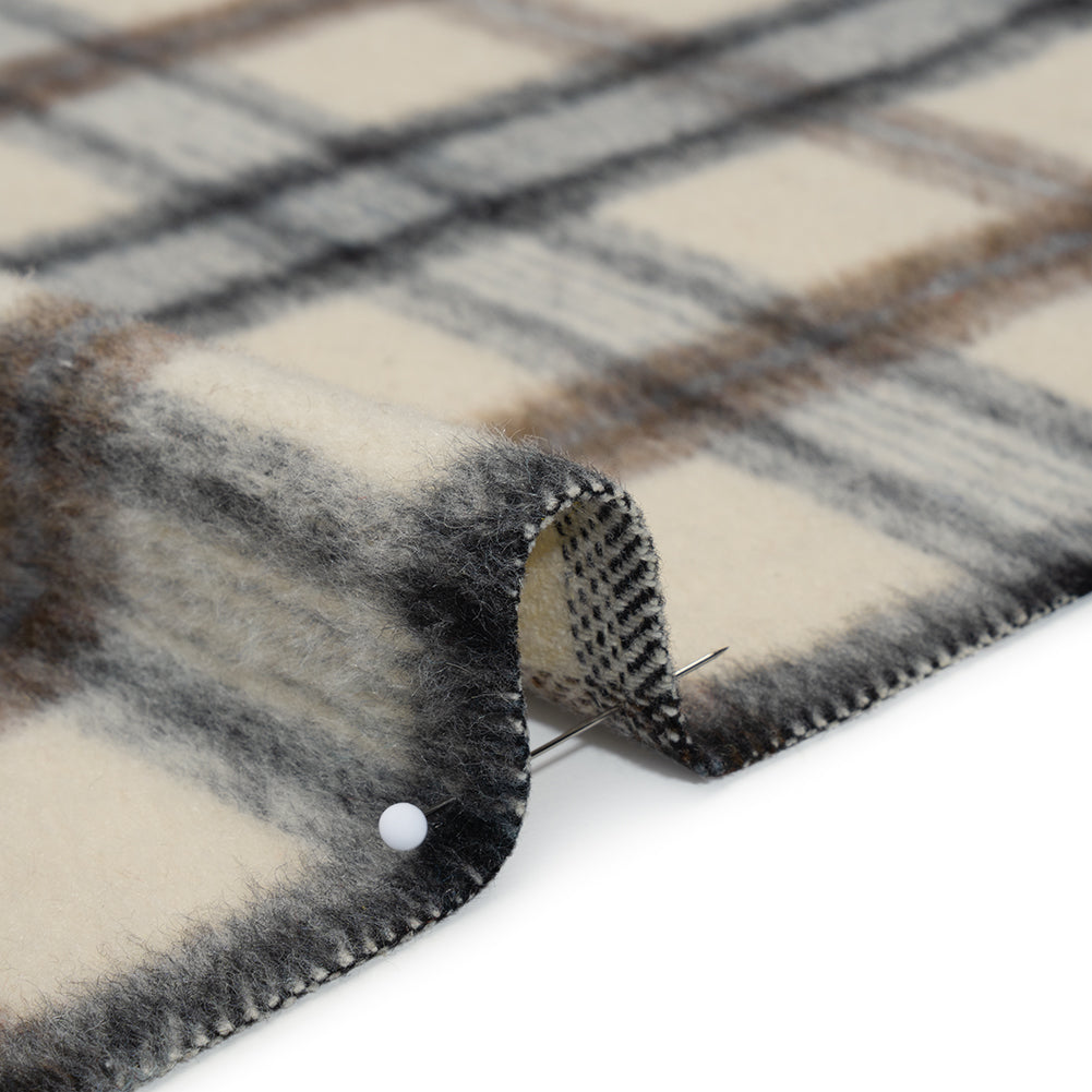 Brushed Wool Blend Twill Tweed - Black, Brown and Cream Beige Plaid Brushed Wool Blend Twill Tweed - Black, Brown and Cream Beige Plaid