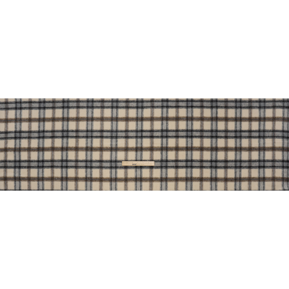Brushed Wool Blend Twill Tweed - Black, Brown and Cream Beige Plaid Brushed Wool Blend Twill Tweed - Black, Brown and Cream Beige Plaid