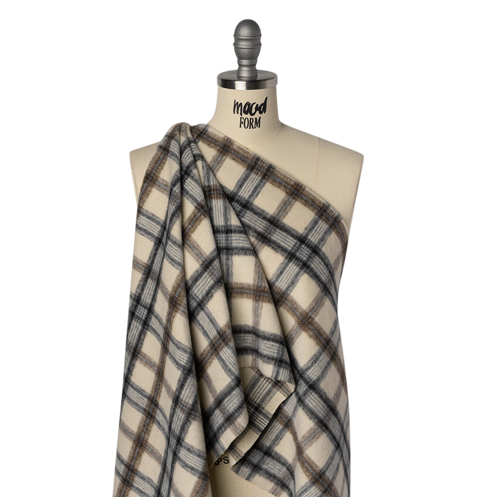Brushed Wool Blend Twill Tweed - Black, Brown and Cream Beige Plaid Brushed Wool Blend Twill Tweed - Black, Brown and Cream Beige Plaid