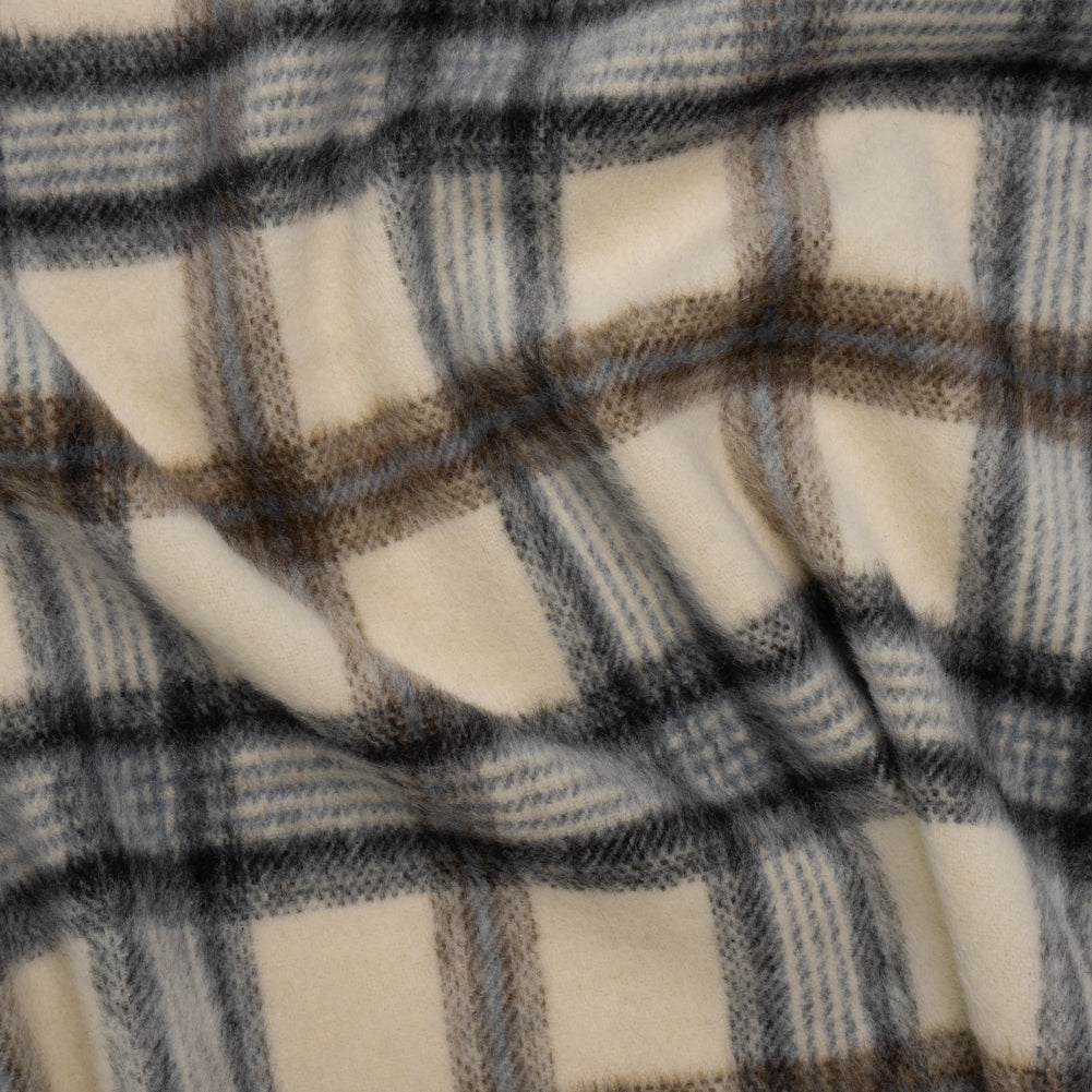 Brushed Wool Blend Twill Tweed - Black, Brown and Cream Beige Plaid Brushed Wool Blend Twill Tweed - Black, Brown and Cream Beige Plaid