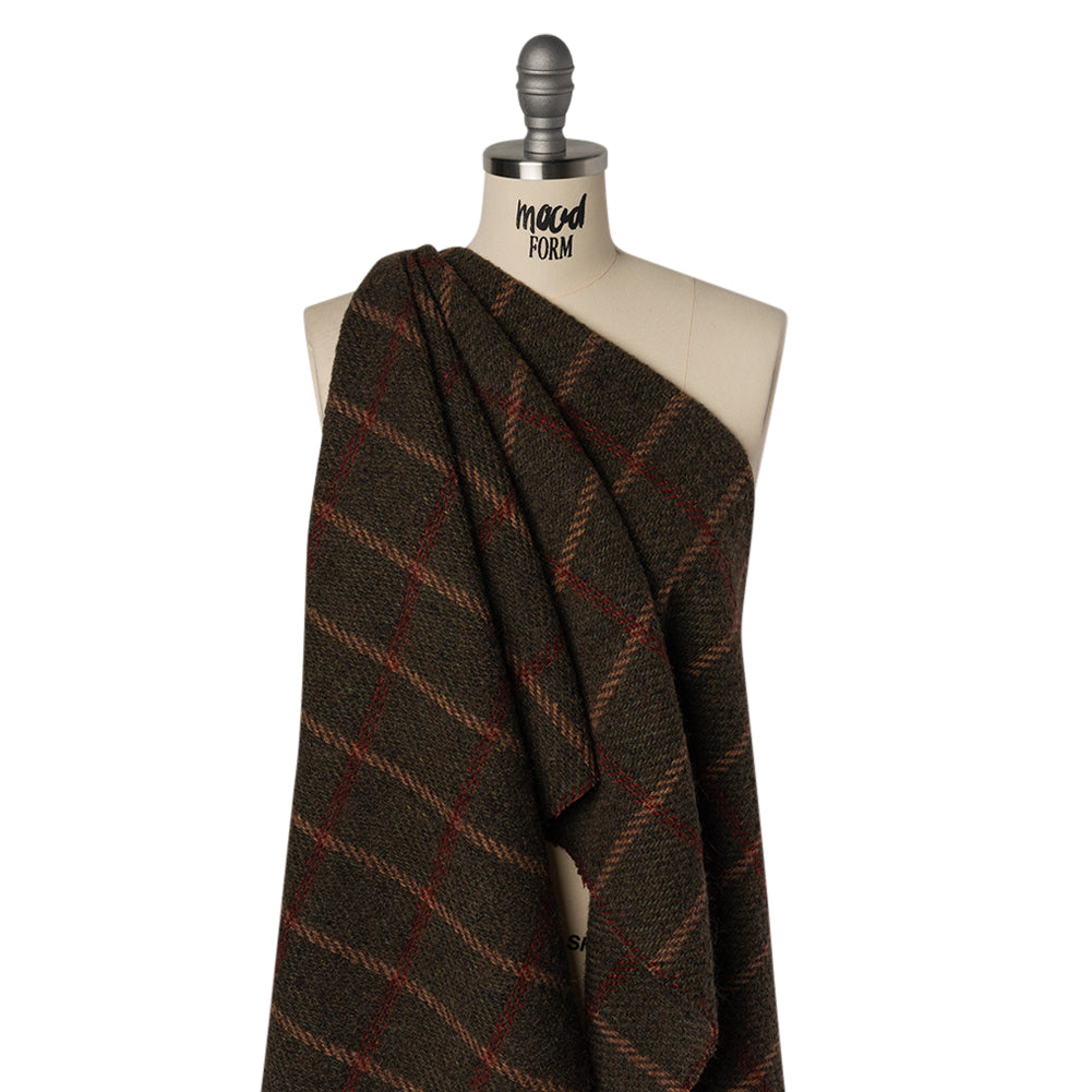 Wool Blend Tweedy Twill - Olive Brown, Tan and Red Plaid Wool Blend Tweedy Twill - Olive Brown, Tan and Red Plaid