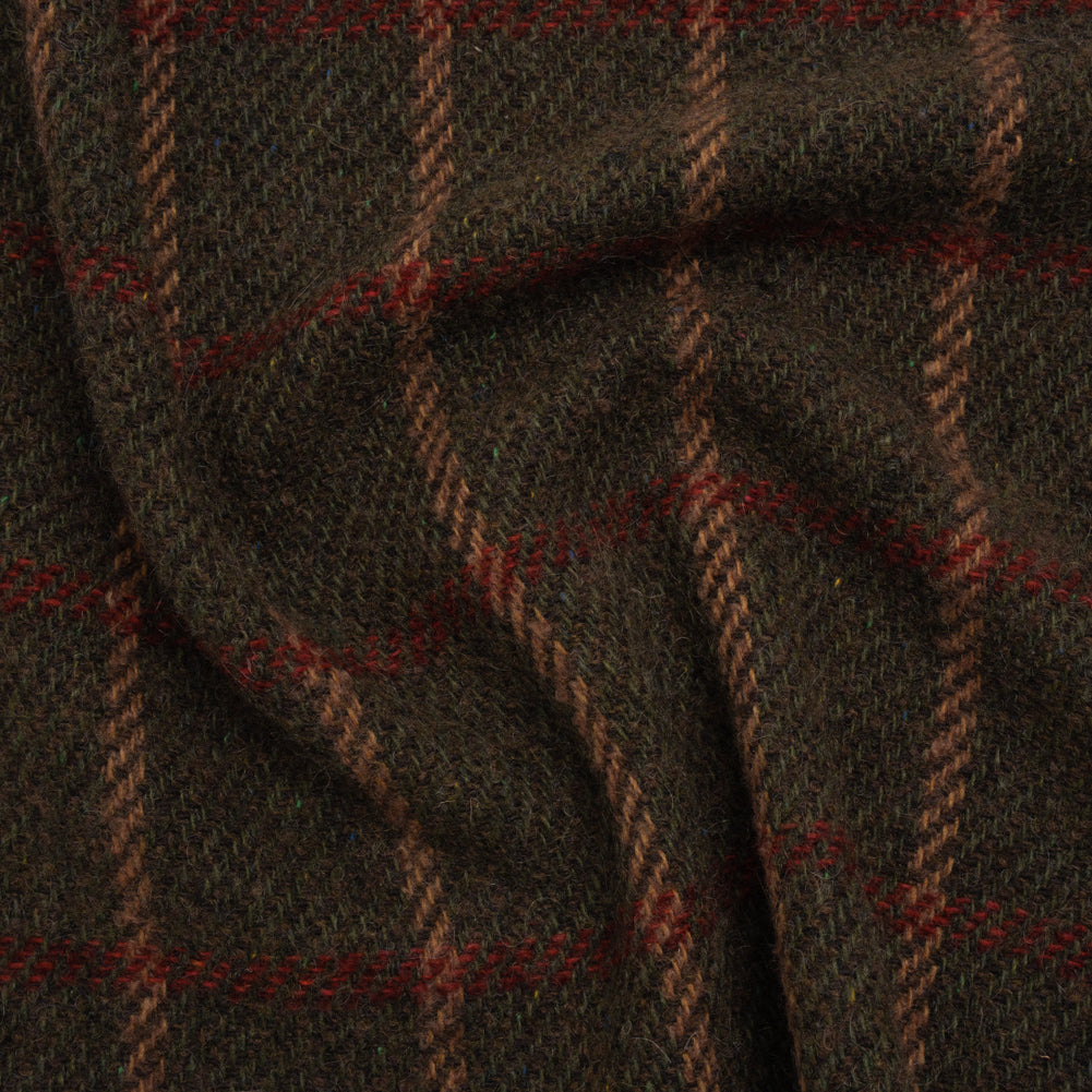 Wool Blend Tweedy Twill - Olive Brown, Tan and Red Plaid Wool Blend Tweedy Twill - Olive Brown, Tan and Red Plaid