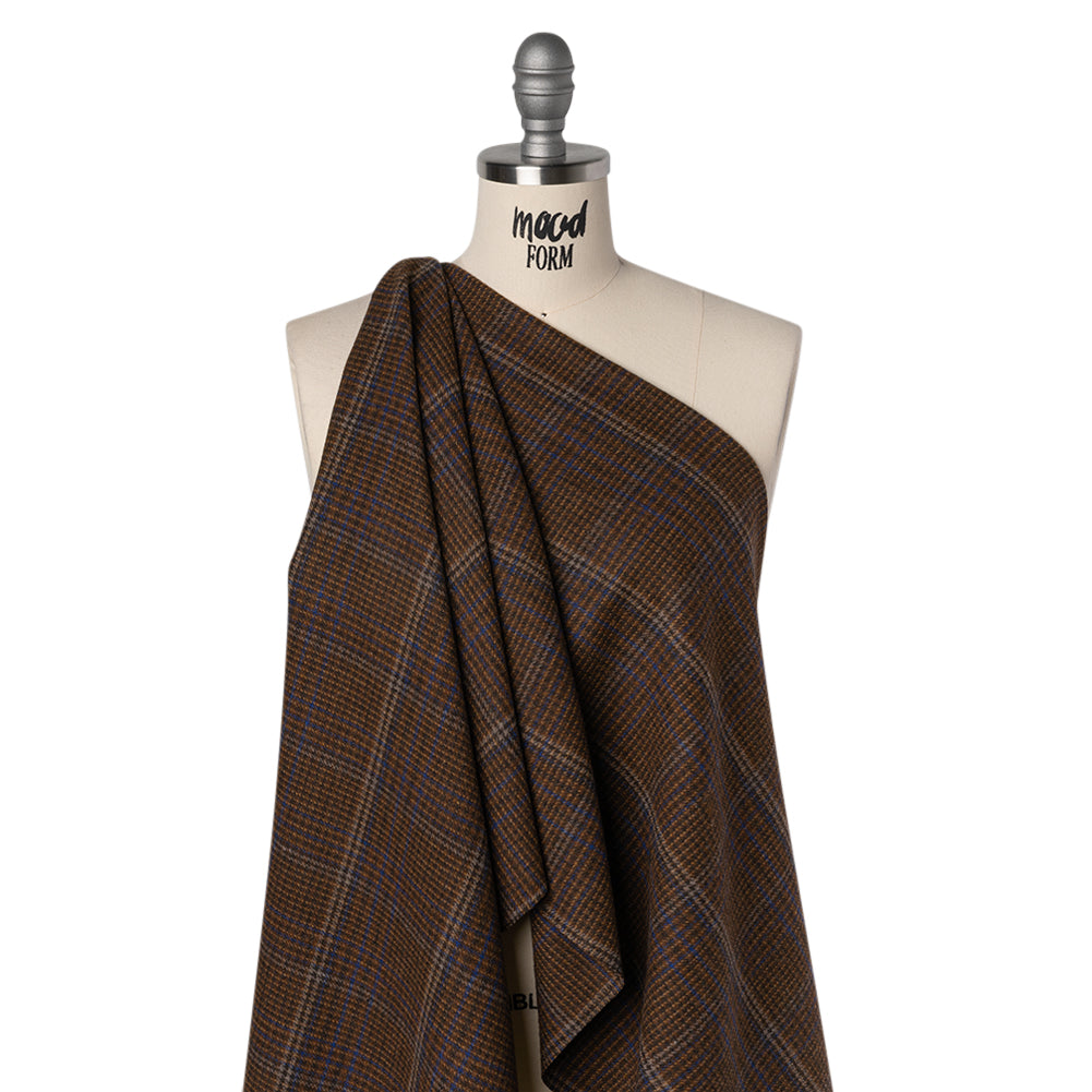 Wool Blend Tweed Twill - Brown, Cobalt Blue and Black Plaid Wool Blend Tweed Twill - Brown, Cobalt Blue and Black Plaid