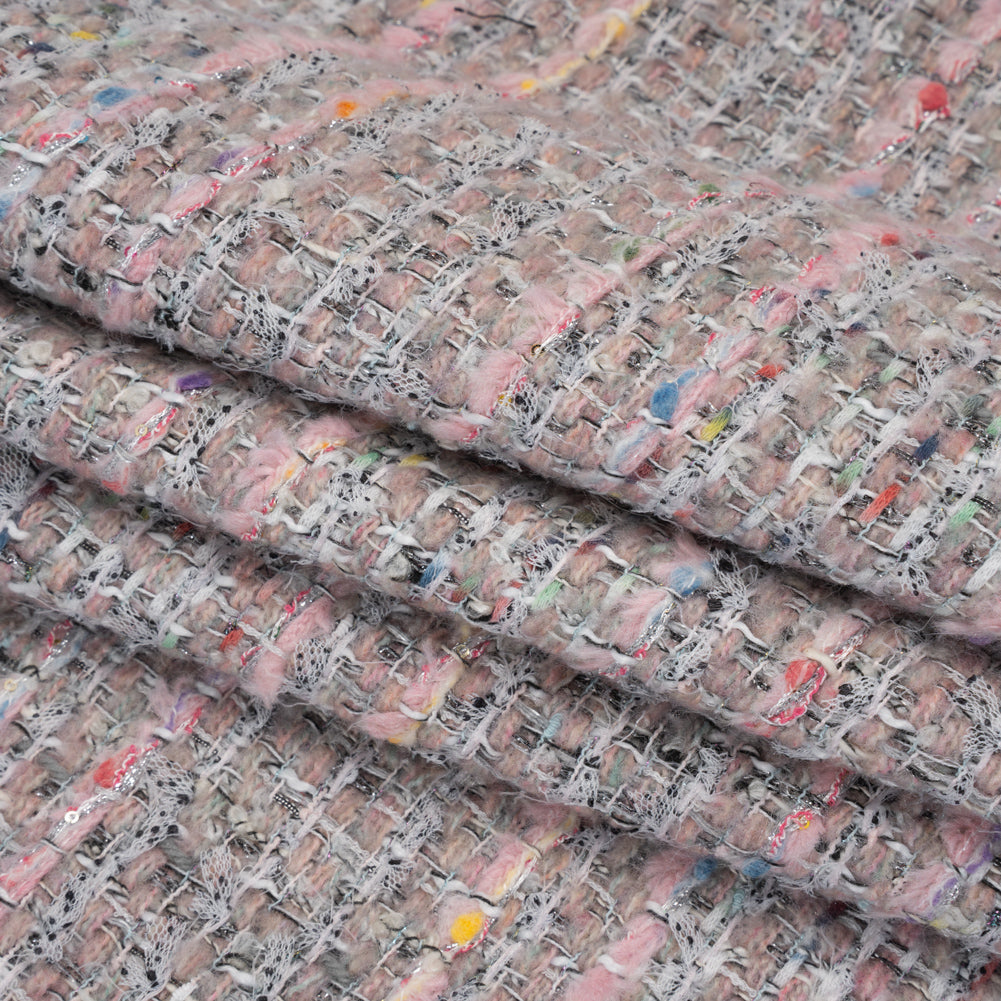 Polyester and Wool Blend Textural Tweed - Baby Pink, White and Metallic Silver Polyester and Wool Blend Textural Tweed - Baby Pink, White and Metallic Silver