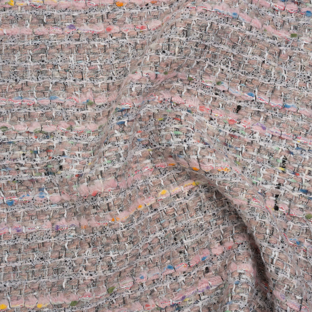 Polyester and Wool Blend Textural Tweed - Baby Pink, White and Metallic Silver Polyester and Wool Blend Textural Tweed - Baby Pink, White and Metallic Silver