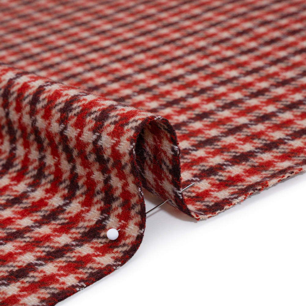 Wool Blend Tweedy Twill - Red, Burgundy and Ivory Houndstooth Plaid Wool Blend Tweedy Twill - Red, Burgundy and Ivory Houndstooth Plaid