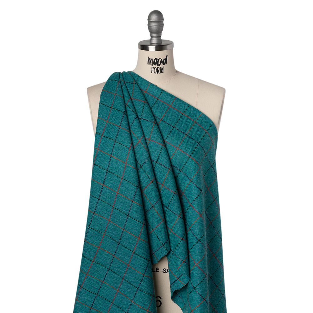 Wool Blend Tweedy Twill - Teal, Red and Navy Blue Herringbone and Plaid Drape Wool Blend Tweedy Twill - Teal, Red and Navy Blue Herringbone and Plaid Drape
