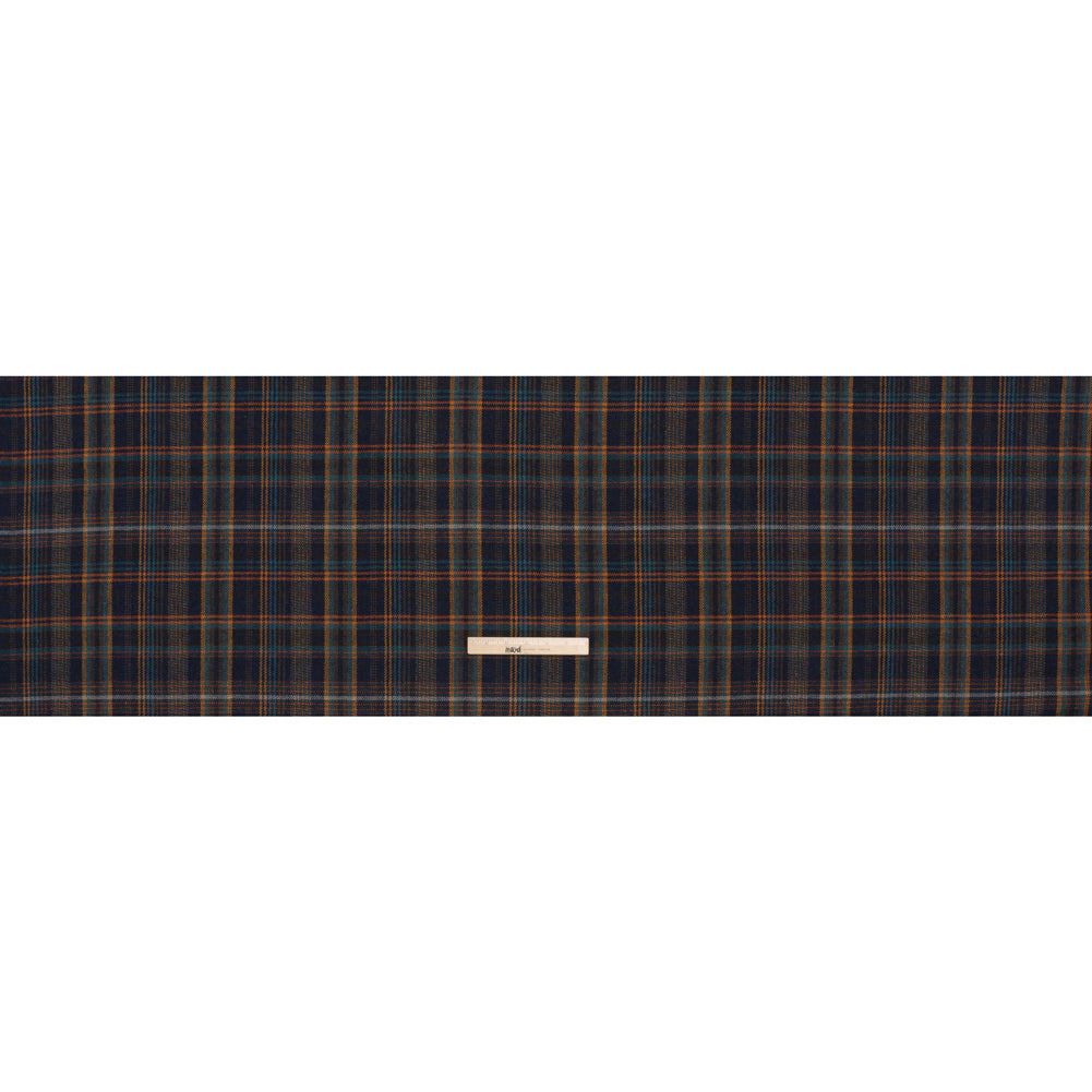 Wool Blend Tweedy Twill - Navy, Burnt Orange and Teal Blue Plaid - Full Wool Blend Tweedy Twill - Navy, Burnt Orange and Teal Blue Plaid - Full