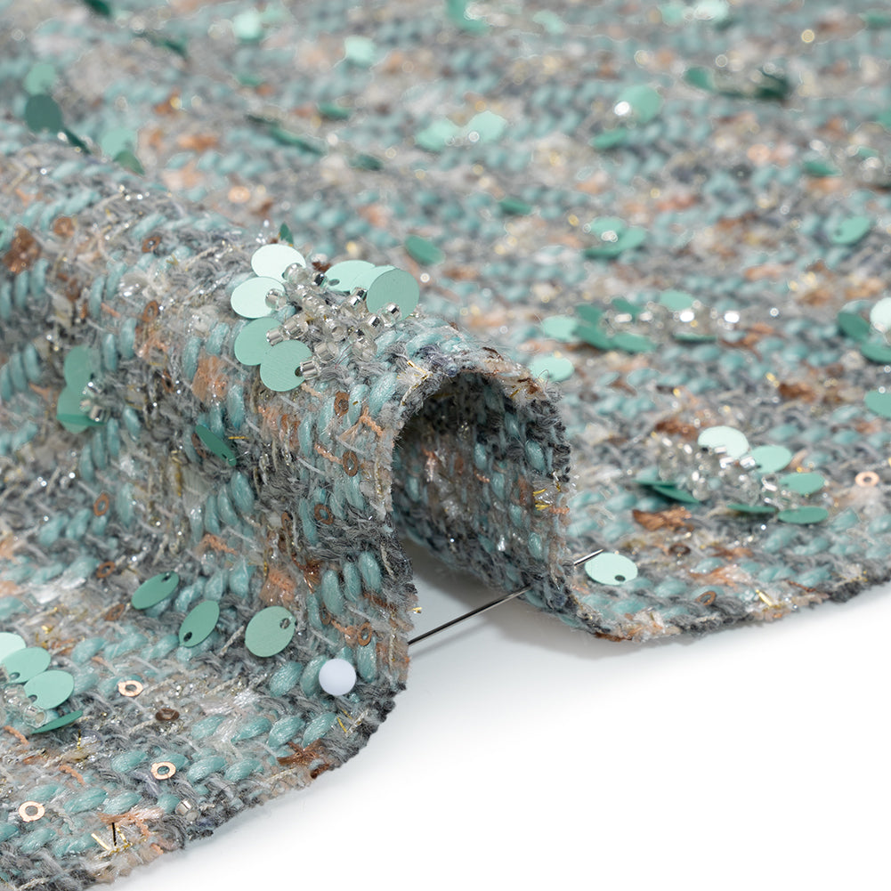 Polyester Tweed with Sequins and Beads - Mint Green, Copper and Gray Abstract over Plaid Detail Polyester Tweed with Sequins and Beads - Mint Green, Copper and Gray Abstract over Plaid Detail