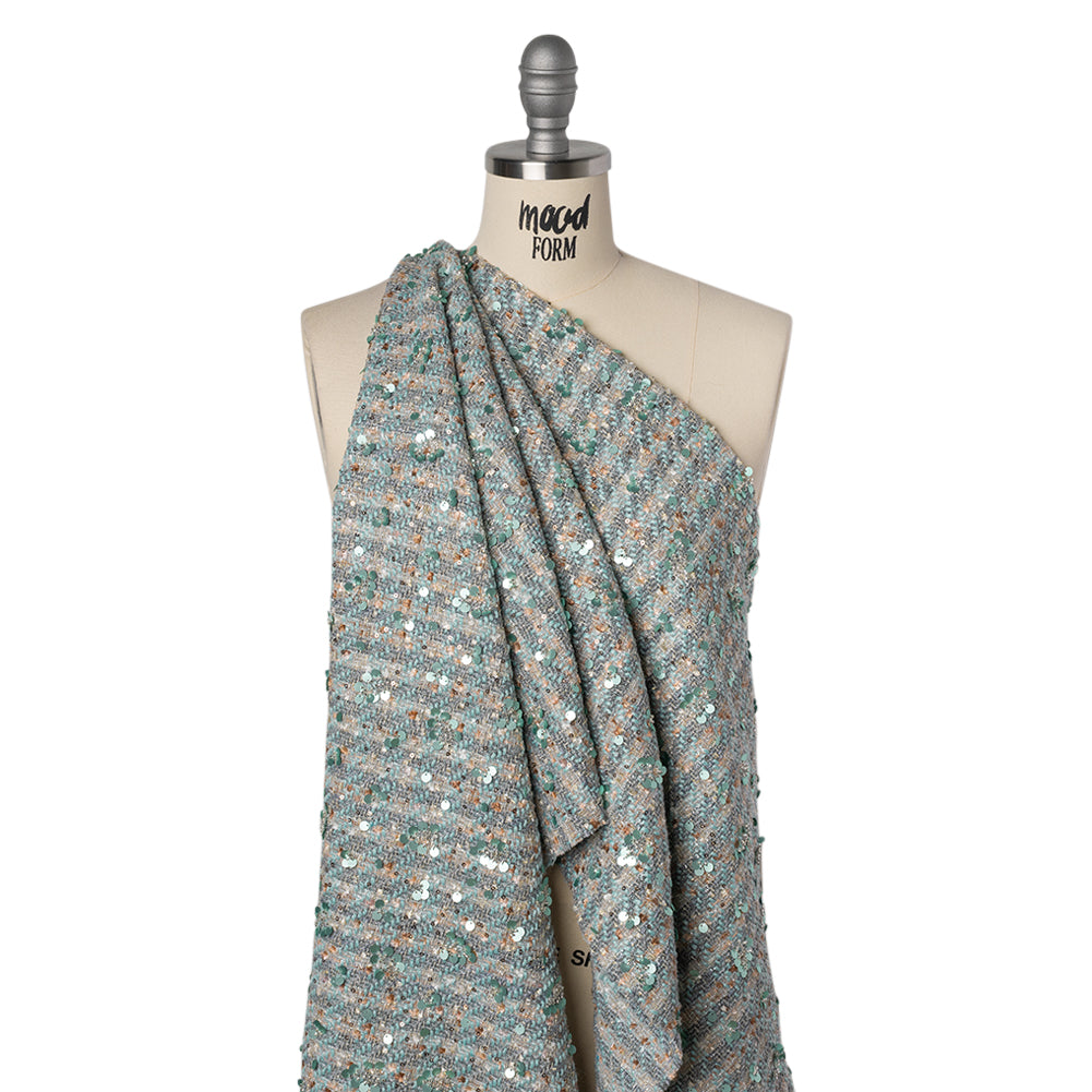 Polyester Tweed with Sequins and Beads - Mint Green, Copper and Gray Abstract over Plaid Drape Polyester Tweed with Sequins and Beads - Mint Green, Copper and Gray Abstract over Plaid Drape