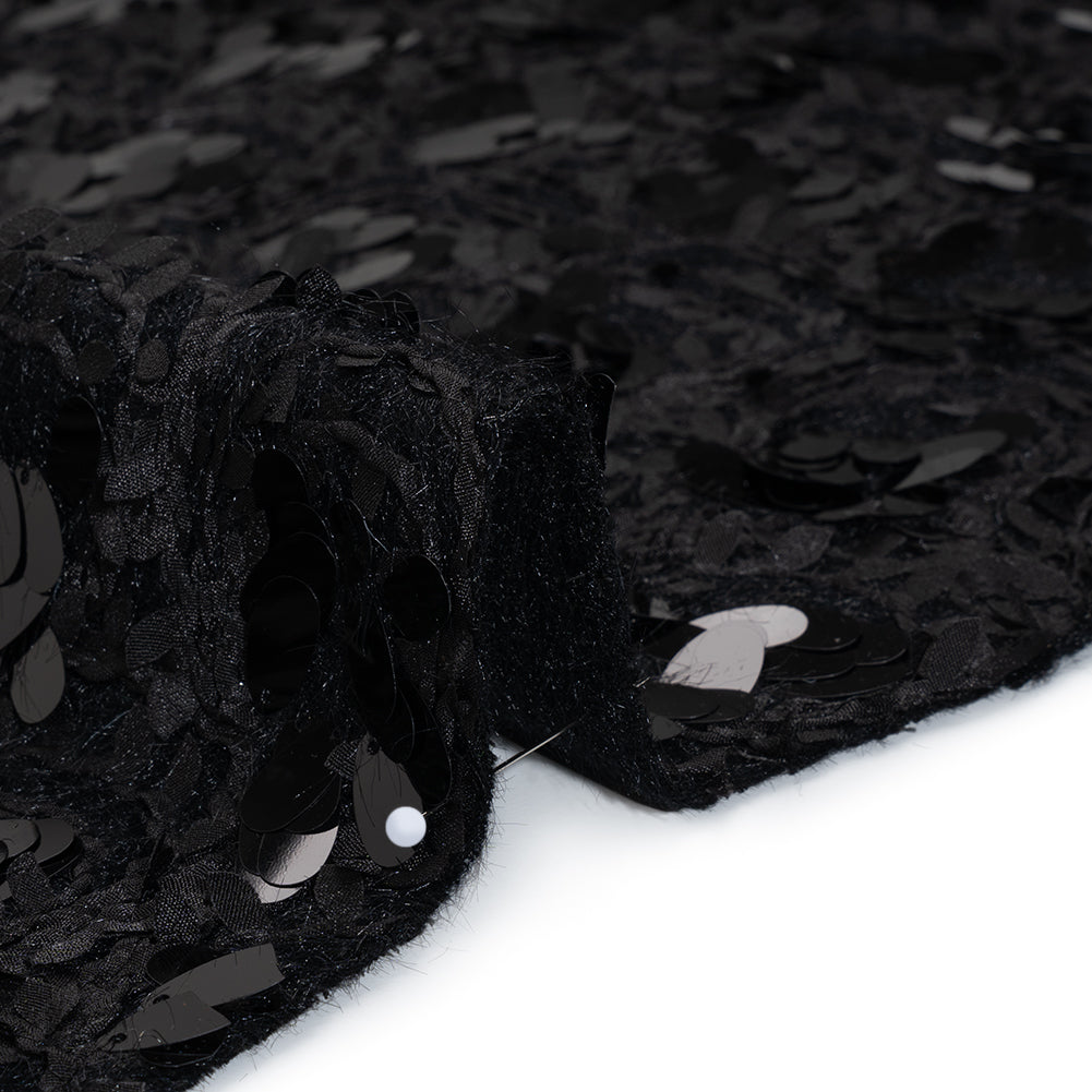 Fuzzy Tweed with Fabric Appliques and Oval Paillette Sequins - Black Vines Detail Fuzzy Tweed with Fabric Appliques and Oval Paillette Sequins - Black Vines Detail