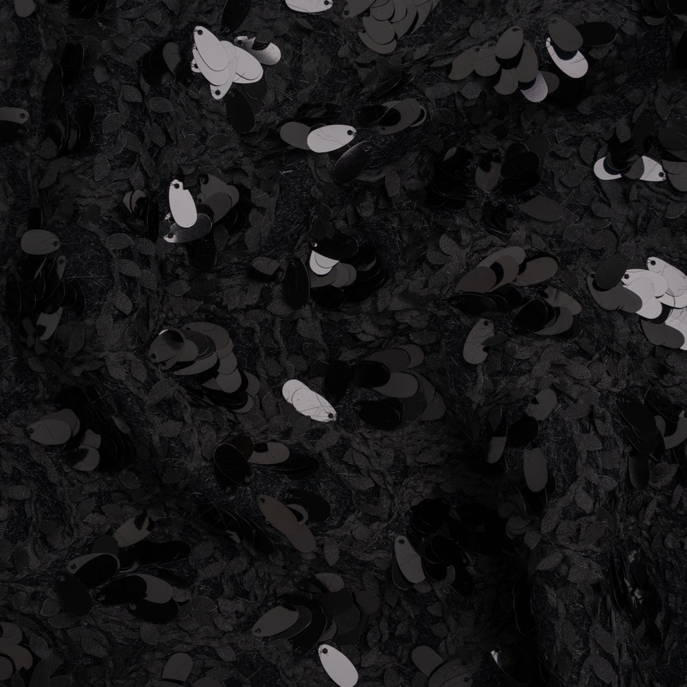 Fuzzy Tweed with Fabric Appliques and Oval Paillette Sequins - Black Vines Fuzzy Tweed with Fabric Appliques and Oval Paillette Sequins - Black Vines
