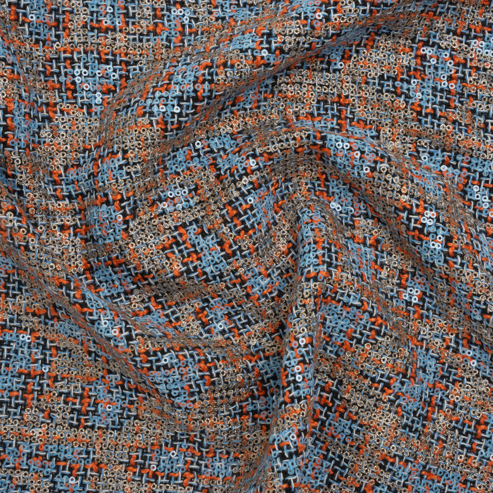 Polyester Tweed with Sequins - Sky Blue, Orange and Navy Plaid with Gold and Sky Blue Sequined Animal Spots Polyester Tweed with Sequins - Sky Blue, Orange and Navy Plaid with Gold and Sky Blue Sequined Animal Spots